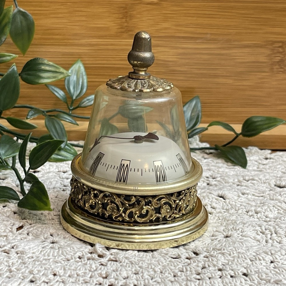 Vintage French Bell Decorative Dome Desk Thermometer Clock Metal Filigree READ